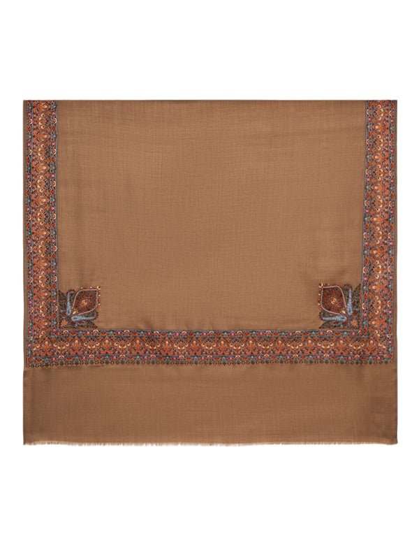 Woolen Mens Shawl in Brown with Multicolour Kashmiri-Inspired Embroidered Border (80 x 40 Inches)