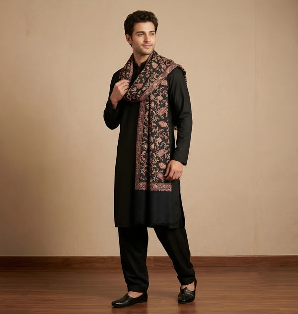 Mir-e-Khas Men's Kashmir-Inspired Jamawar Floral Paisley Vine Black Shawl