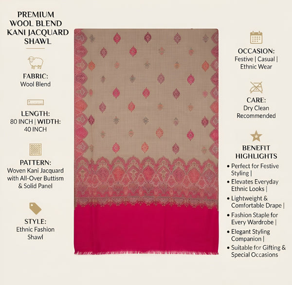 Naqsh-e-Kashmir Woven Kani Jacquard Pink Shawl with All-Over Buttis & Solid Panel