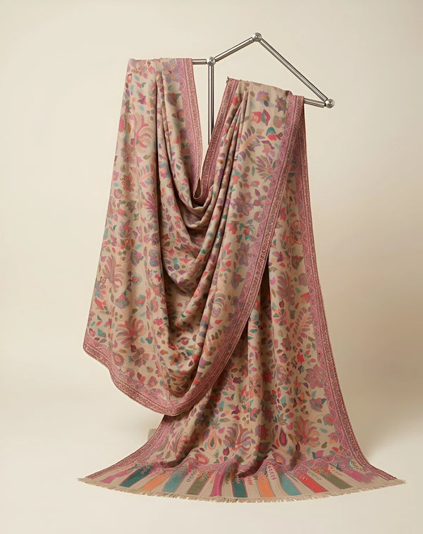 Noble Kani Weave All-Over Floral Jaal Wool Blend Beige Stole