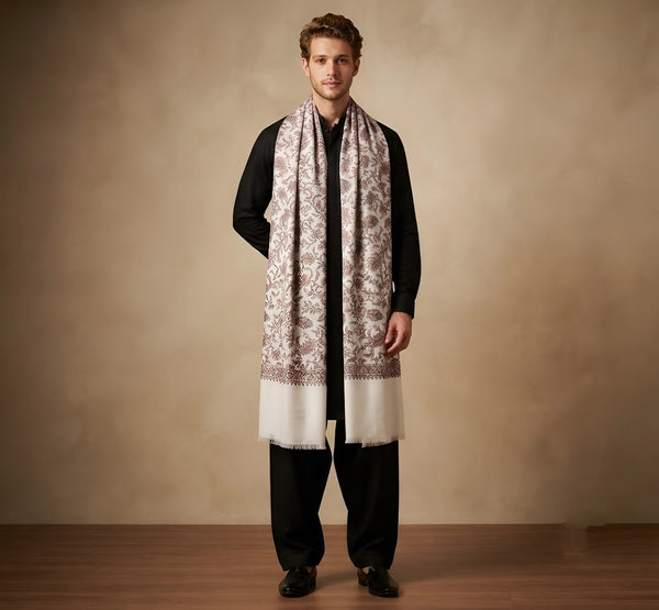 Mir-e-Khas Men's Kashmir-Inspired Jamawar Floral Paisley Vine White Shawl