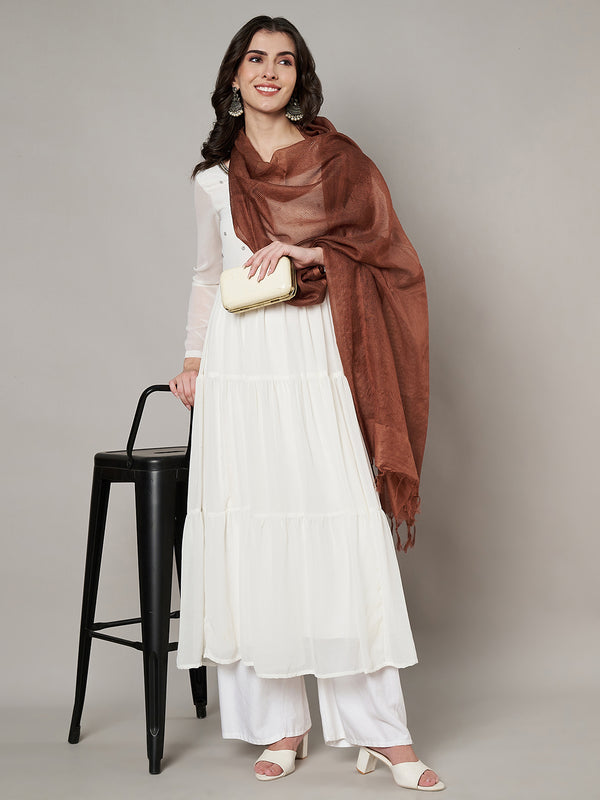Brown Sheer Handwoven Cotton Dupatta with Tassel Finish (Size: 2.5x1 m Approx)