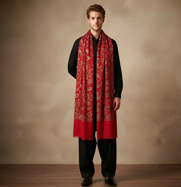 Mir-e-Khas Men's Kashmir-Inspired Jamawar Floral Paisley Vine Red Shawl