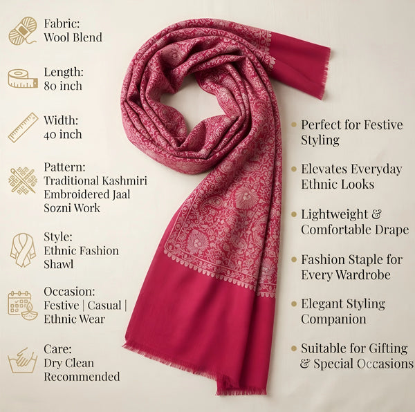 Naqsh-e-Kashmir Sozni Jaal Embroidered Pink Shawl | Traditional Kashmiri Wool Blend