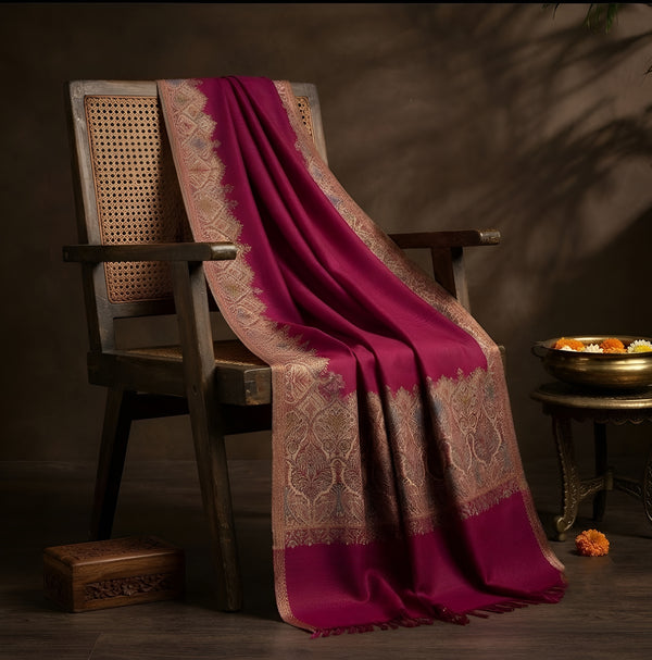 Naqsh-e-Kashmir Woven Kani Jacquard Border Wine Shawl | Wool Blend