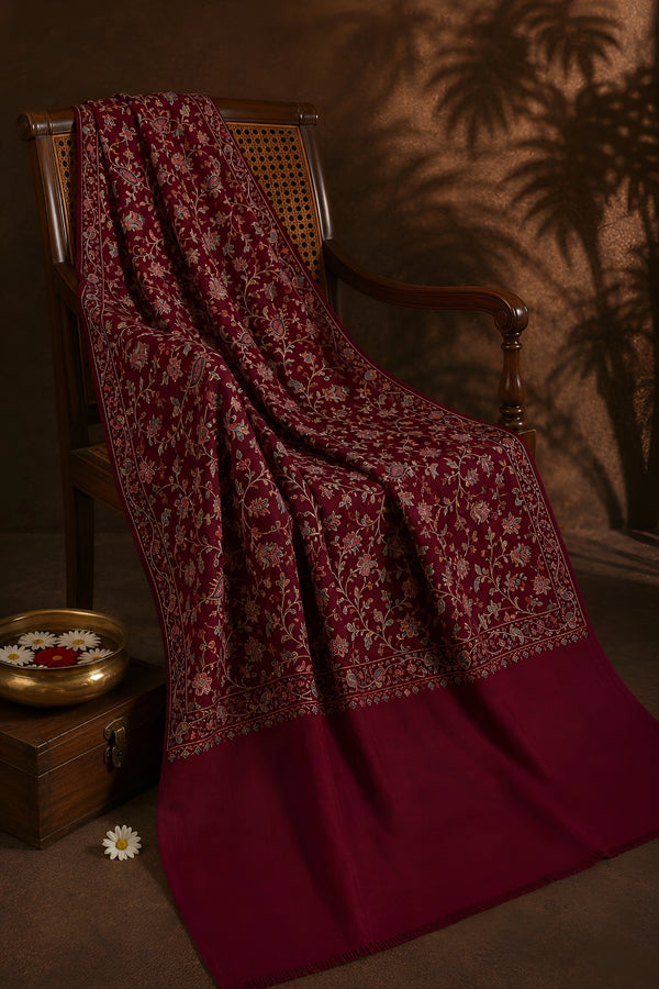 Naqsh-e-Kashmir Inspired Jamawar Floral Paisley Vine Wool Blend Maroon Shawl