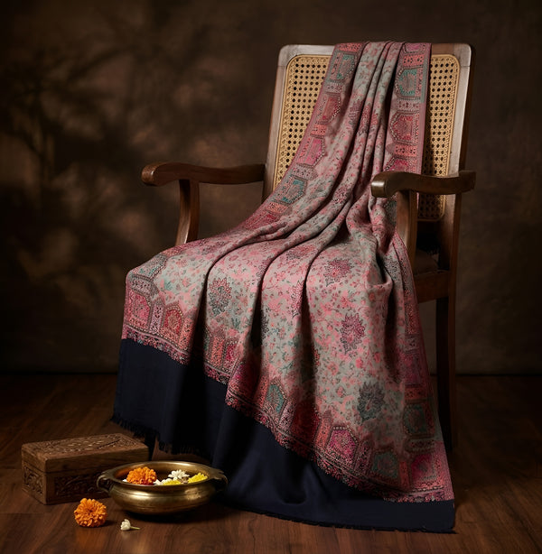 Naqsh-e-Kashmir Woven Kani Jacquard Floral Shawl with Traditional Black Border & Panel