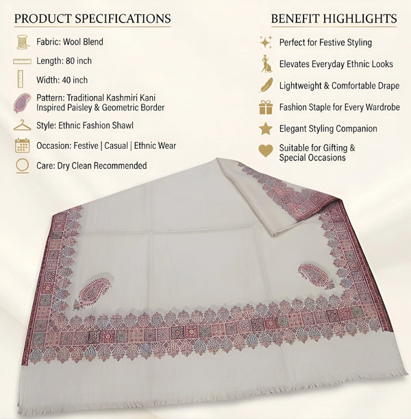 Mir-e-Khas Men's Kashmir-Inspired Kani Paisley & Geometric Border Wool Blend White Shawl