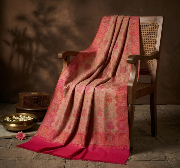 Naqsh-e-Kashmir Woven Kani Jacquard Floral Shawl with Traditional Pink Border & Panel
