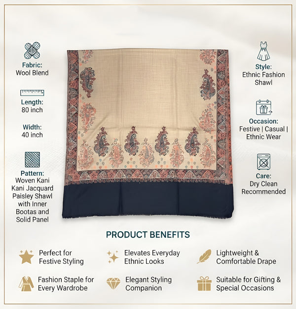 Naqsh-e-Kashmir Woven Kani Jacquard Paisley Beige Shawl with Inner Bootas & Solid Panel