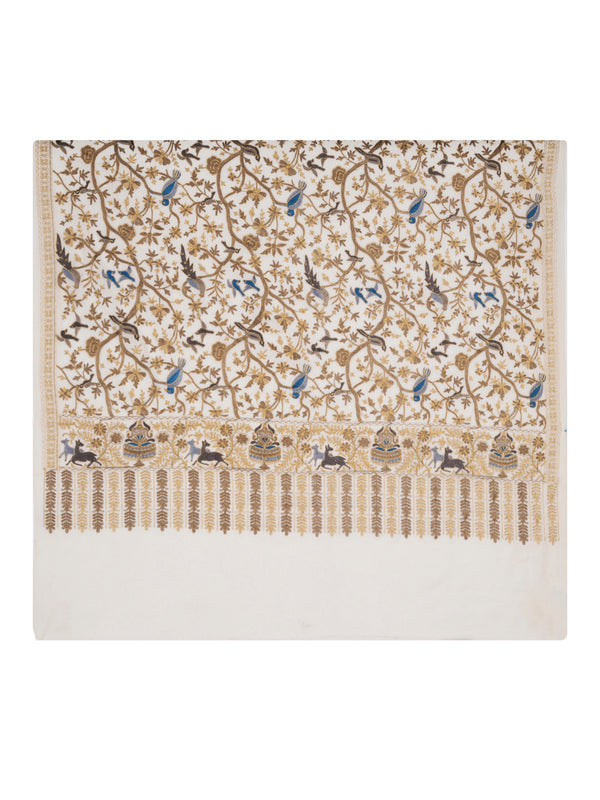 Woolen Women Shawl with Traditional Bird & Floral Jaal Motifs and Ornate Woven Border (80 x 40 Inches)