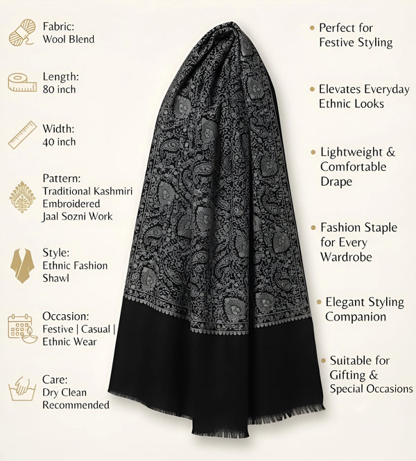 Mir-e-Khas Kashmiri Sozni Jaal Black Shawl for Men – Wool Blend
