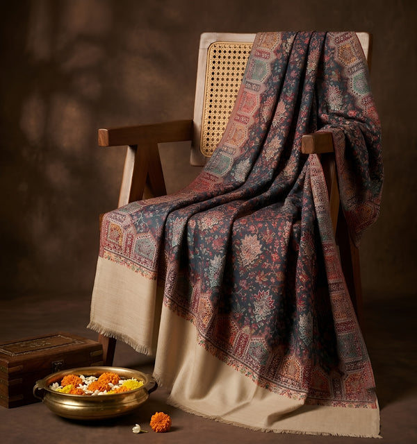 Naqsh-e-Kashmir Woven Kani Jacquard Floral Shawl with Traditional Beige Border & Panel