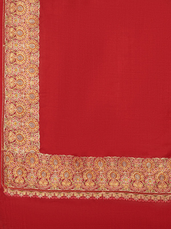 Solid Maroon Woolen Women Shawl with Rich Embroidered Border – 80 x 40 Inches