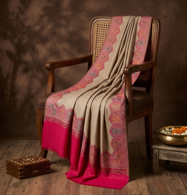 Naqsh-e-Kashmir Woven Kani Jacquard Pink Shawl with Solid Panel & Traditional Border