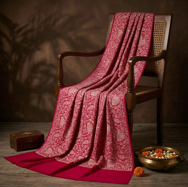 Naqsh-e-Kashmir Sozni Jaal Embroidered Pink Shawl | Traditional Kashmiri Wool Blend