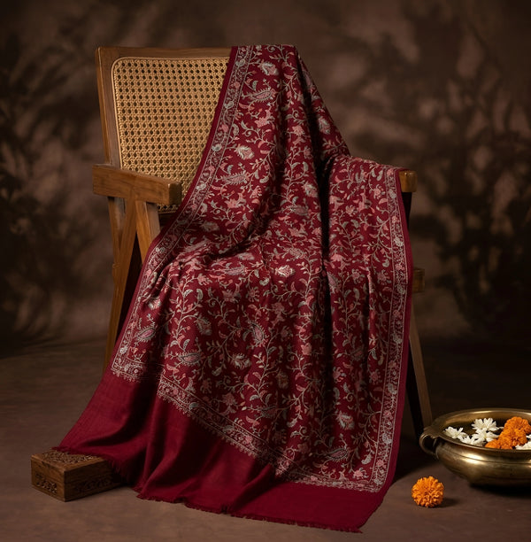 Mir-e-Khas Men's Kashmir-Inspired Jamawar Floral Paisley Vine Maroon Shawl