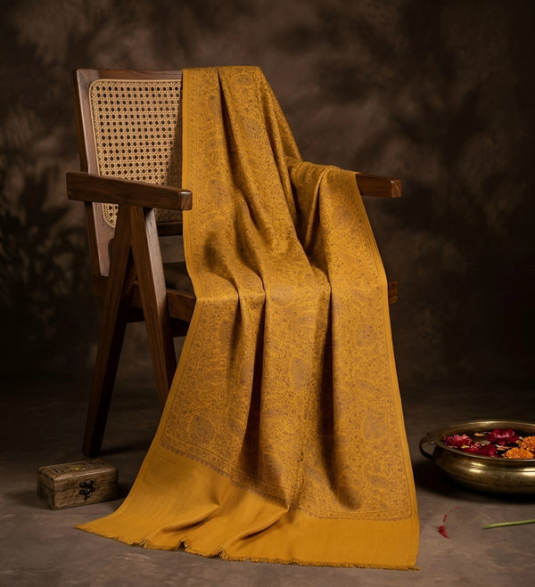 Naqsh-e-Kashmir Sozni Jaal Embroidered Yellow Shawl | Traditional Kashmiri Wool Blend