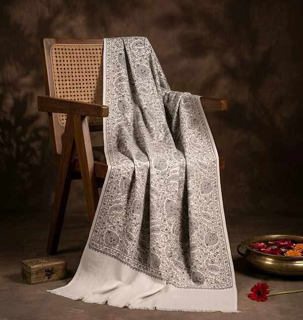 Naqsh-e-Kashmir Sozni Jaal Embroidered White Shawl | Traditional Kashmiri Wool Blend