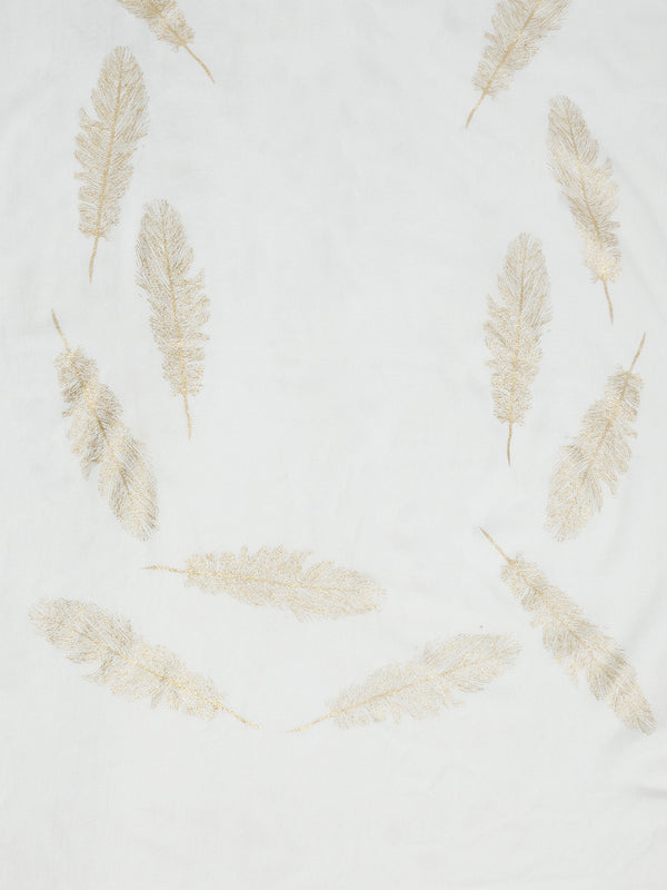 Wool White Feather Motif Women Stole | Elegant Woven Wrap with Metallic Accents (80 × 28 Inches)