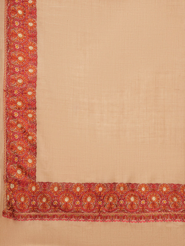 Beige Woolen Women Shawl with Traditional Embroidered Border (80 x 40 Inches)