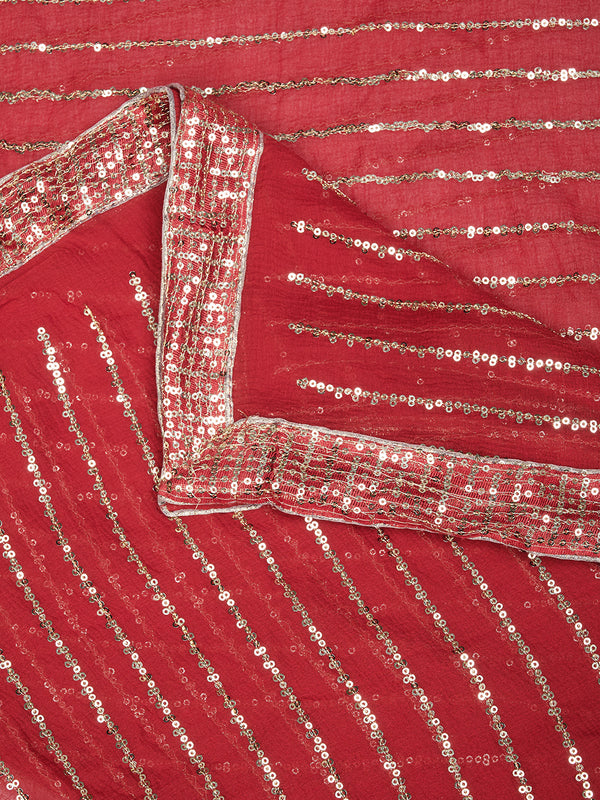 Maroon Chinon Dupatta with Gold Stripe Sequin Work & Gota Border (Size: 2.5x1 m Approx)