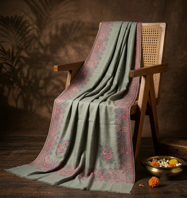 Naqsh-e-Kashmir Inspired Kani Paisley & Geometric Border Wool Blend Grey Shawl