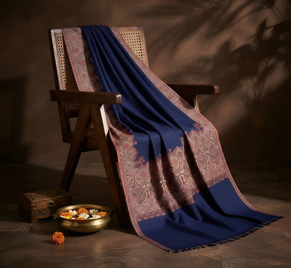 Naqsh-e-Kashmir Woven Kani Jacquard Border Blue Shawl | Wool Blend