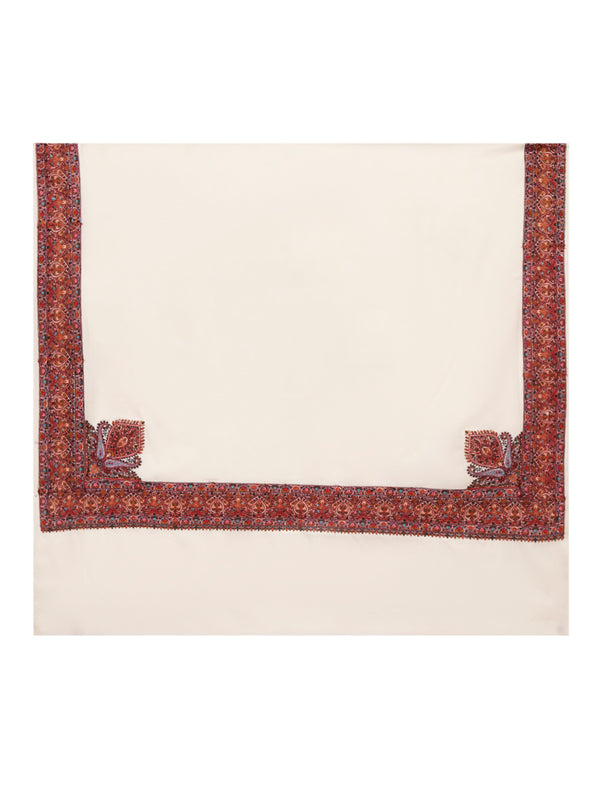 Woolen Women Shawl in Ivory with Multicolour Kashmiri-Inspired Embroidered Border (80 x 40 Inches)