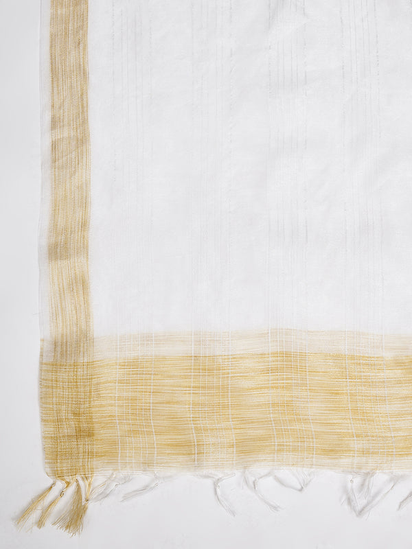 White Chanderi Silk Dupatta with Gold Border & Tassels (Size: 2.5x1 m Approx)