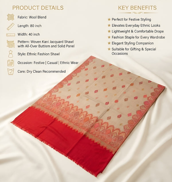 Naqsh-e-Kashmir Woven Kani Jacquard Red Shawl with All-Over Buttis & Solid Panel