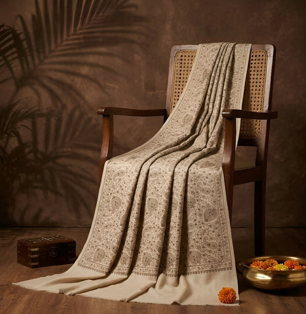 Naqsh-e-Kashmir Sozni Jaal Embroidered Beige Shawl | Traditional Kashmiri Wool Blend