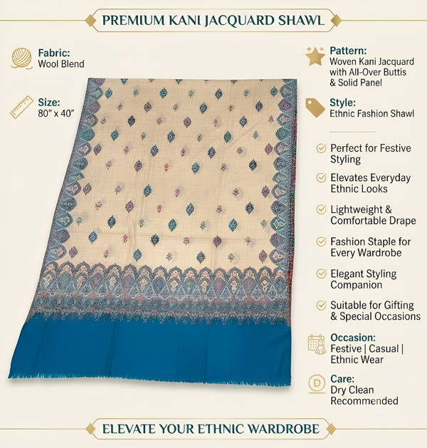 Naqsh-e-Kashmir Woven Kani Jacquard Blue Shawl with All-Over Buttis & Solid Panel