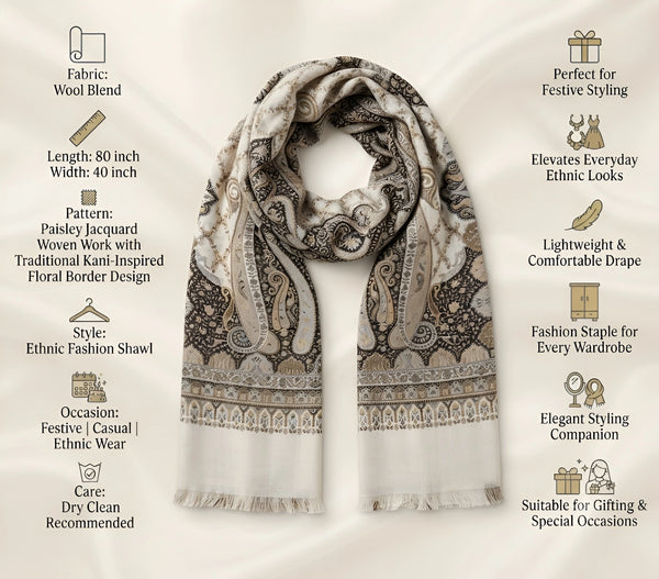 Mir-e-Khas Men's Kashmir-Inspired Paisley Jacquard White Shawl with Kani Floral Border