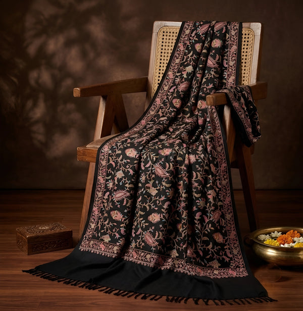 Mir-e-Khas Men's Kashmir-Inspired Jamawar Floral Paisley Vine Black Shawl