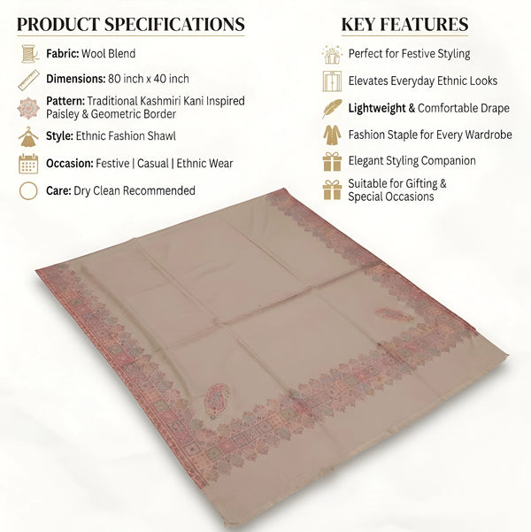 Mir-e-Khas Men's Kashmir-Inspired Kani Paisley & Geometric Border Wool Blend Brown Shawl