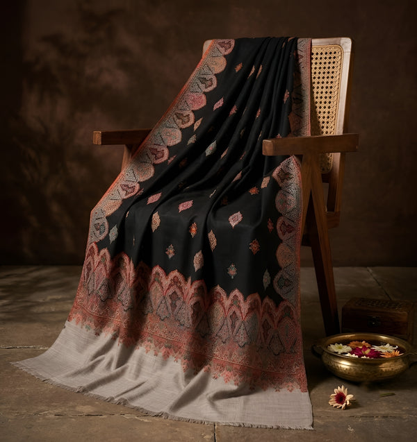 Naqsh-e-Kashmir Woven Kani Jacquard Black Shawl with All-Over Buttis & Solid Panel