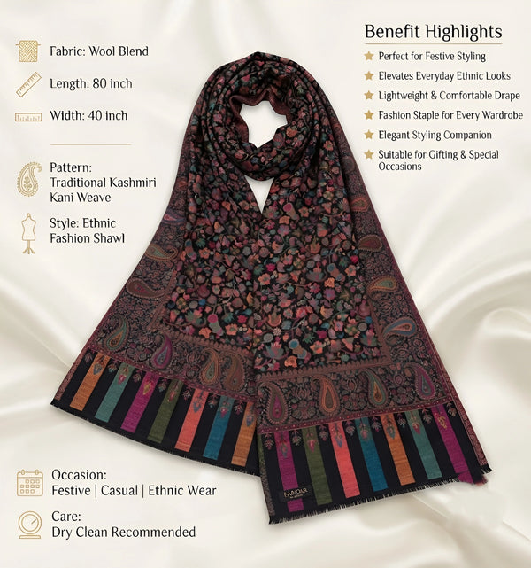 Mir-e-Khas Traditional Kashmiri Kani Weave Black Shawl for Men – Wool Blend
