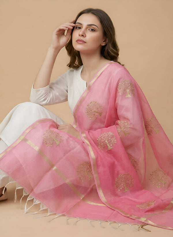Elegant Pink Cotton Zari Buta Dupatta | Lightweight Ethnic Drape