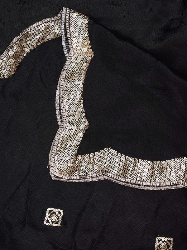 Black Chiffon Dupatta with Gold Motif Embellishment & Scalloped Border (Size: 2.5x1 m Approx)