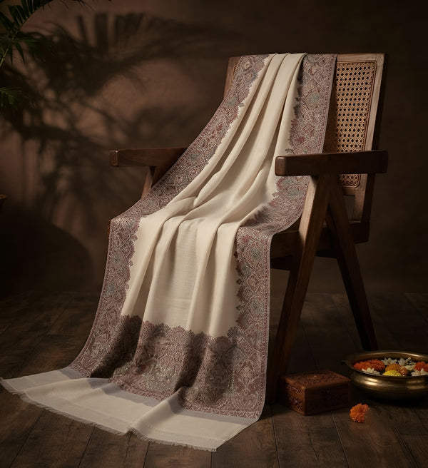 Naqsh-e-Kashmir Woven Kani Jacquard Border White Shawl | Wool Blend