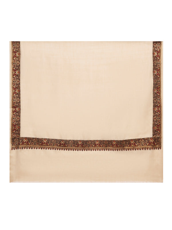Beige Woolen Women Shawl with Traditional Multicolour Embroidered Border (80 x 40 Inches)
