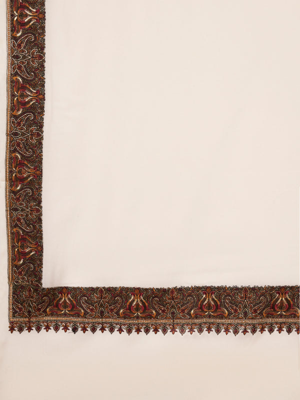 Ivory Woolen Women Shawl with Traditional Multicolour Embroidered Border (80 x 40 Inches)