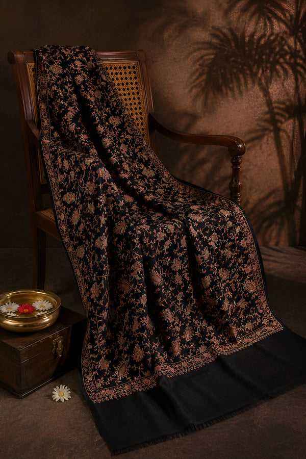 Naqsh-e-Kashmir Inspired Jamawar Floral Paisley Vine Wool Blend Black Shawl