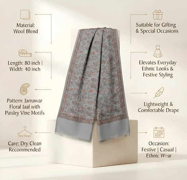 Naqsh-e-Kashmir Inspired Jamawar Floral Paisley Vine Wool Blend Grey Shawl