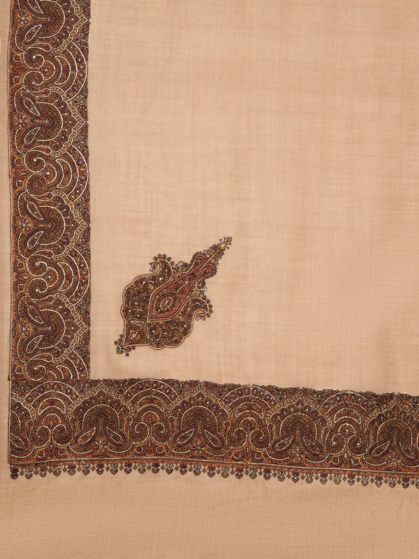 Elegant Light Brown Woolen Women Shawl with Embroidered Border – Ethnic Wrap (80 x 40 Inches)