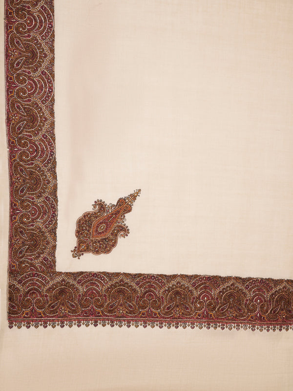 Elegant Beige Woolen Women Shawl with Embroidered Border – Ethnic Wrap (80 x 40 Inches)