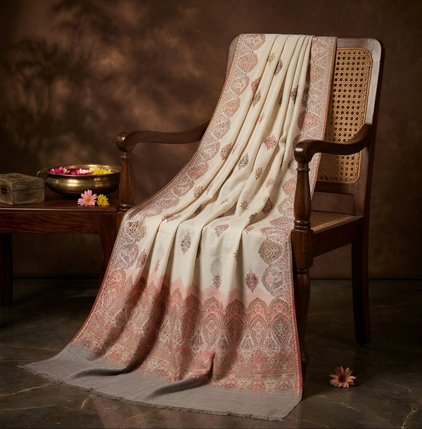 Naqsh-e-Kashmir Woven Kani Jacquard White Shawl with All-Over Buttis & Solid Panel
