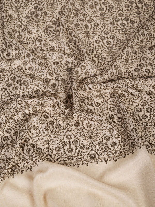 Woolen Women Shawl in Beige with All-Over Floral Jaal Weave (80 x 40 Inches)