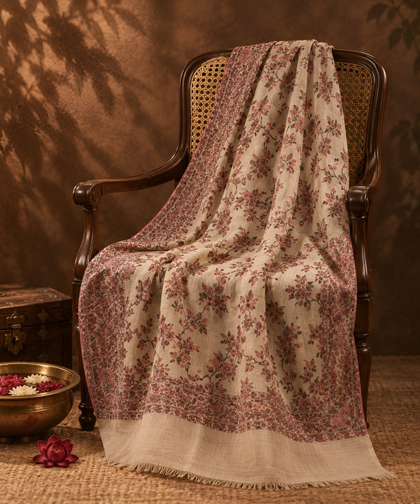 Naqsh-e-Kashmir All-Over Floral Woven Kani Jacquard Wool Blend Beige Shawl